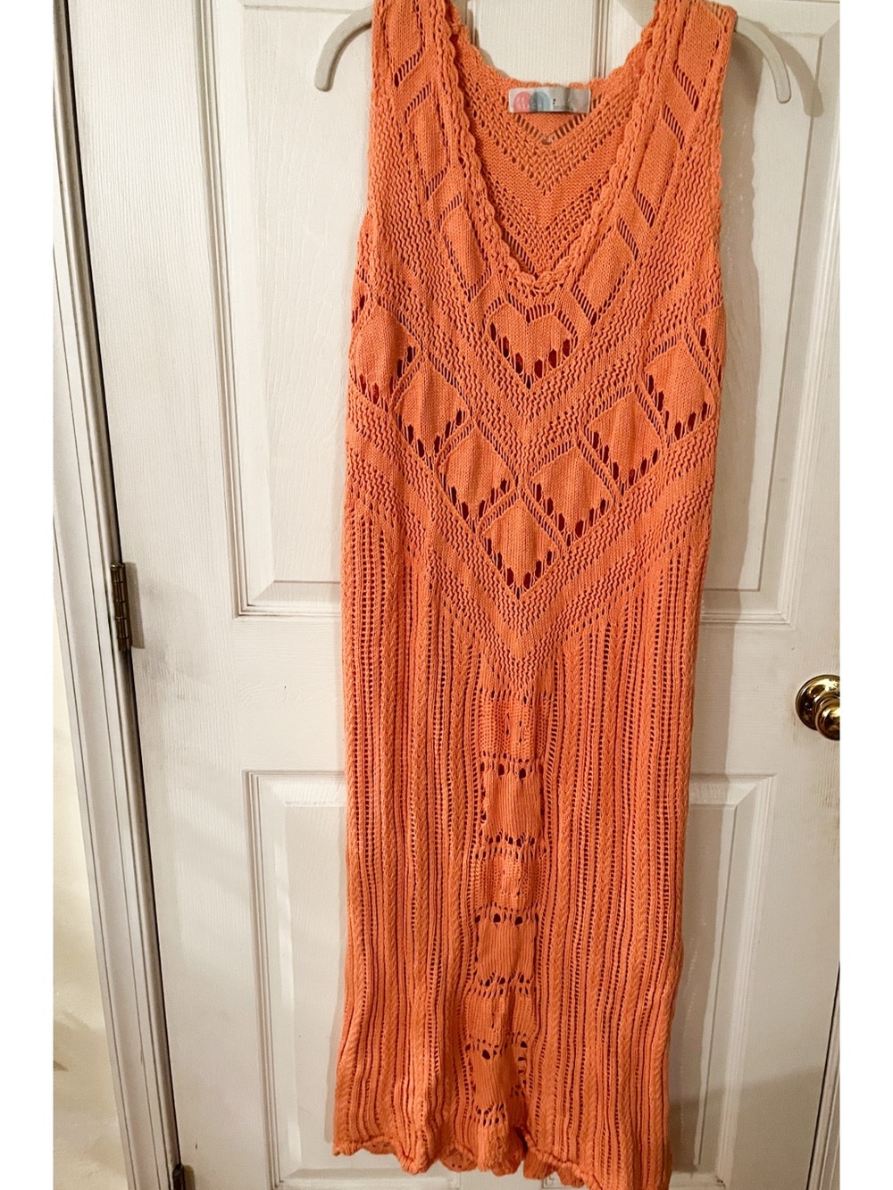 Hand-Knit Orange Sleeveless Maxi Dress Coverup